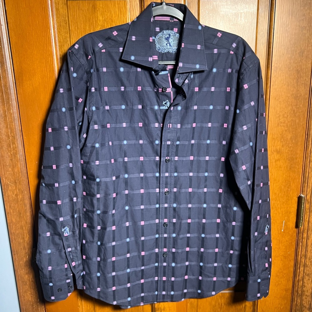 Bugatchi Blue Button-Up Shirt with Pink and Blue Grid Pattern